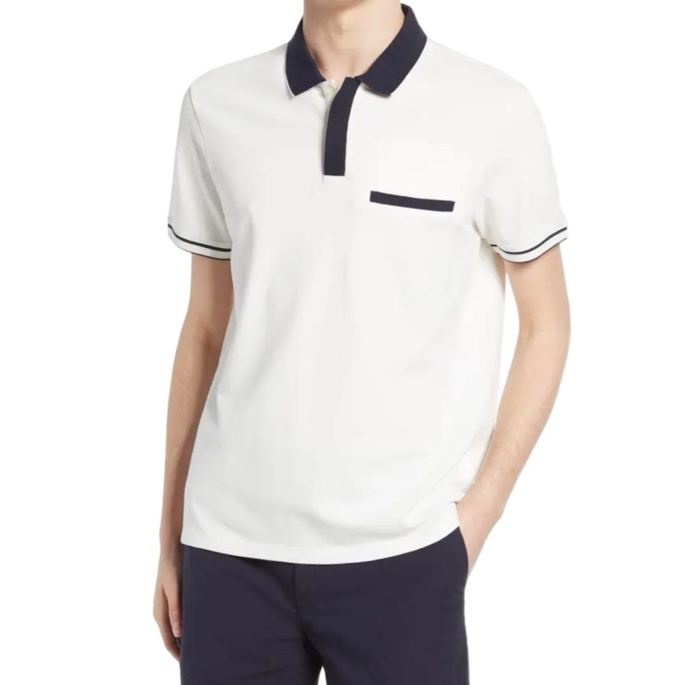 Club Monaco Polo Shirt Men's XL White Black Trim Welt‎ Pocket Cotton Stretch
